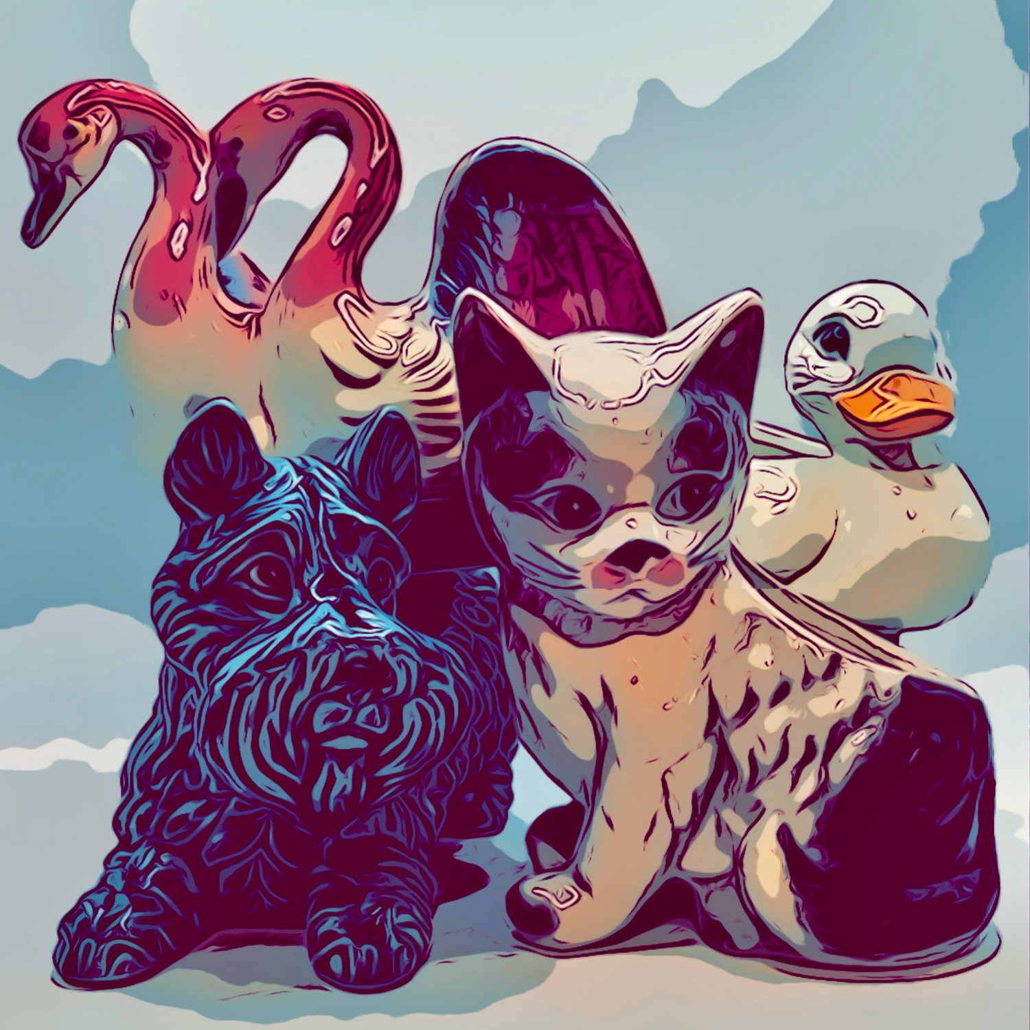 A retro dog planter with a cat planter posed in front of a duck and swan planter